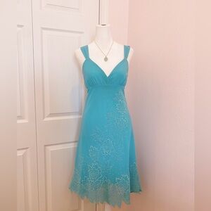 Vintage Aquamarine Floral Beaded Asymmetrical Midi Dress